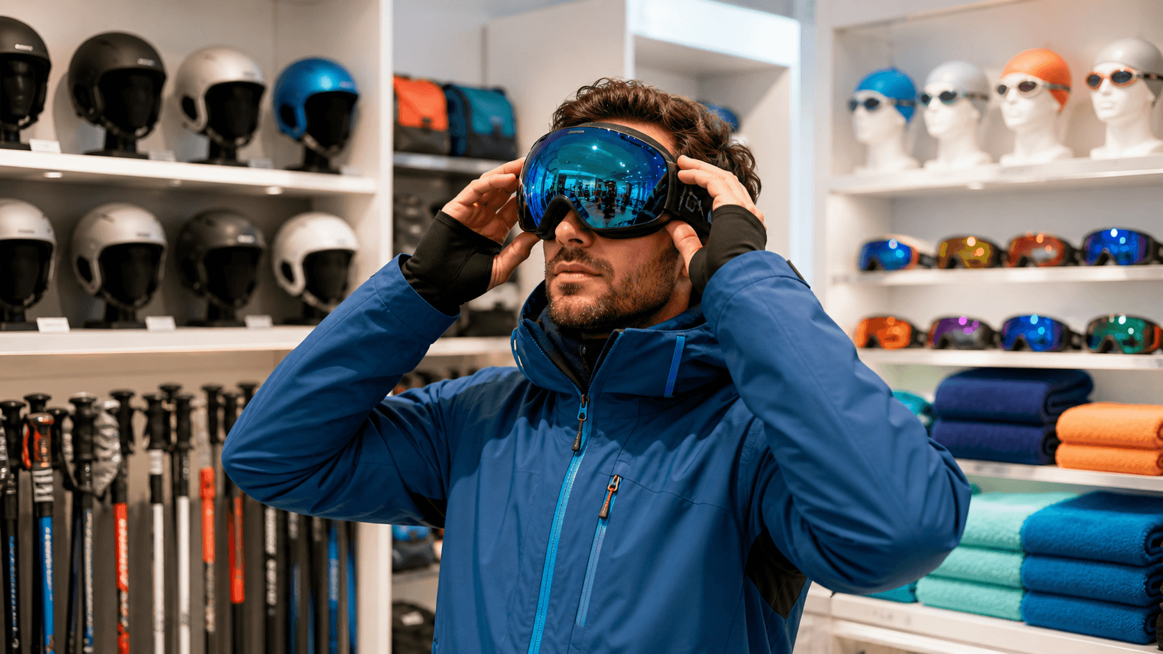 Reflective spherical ski goggles rest on snowy rocks beneath a bright blue alpine sky.
