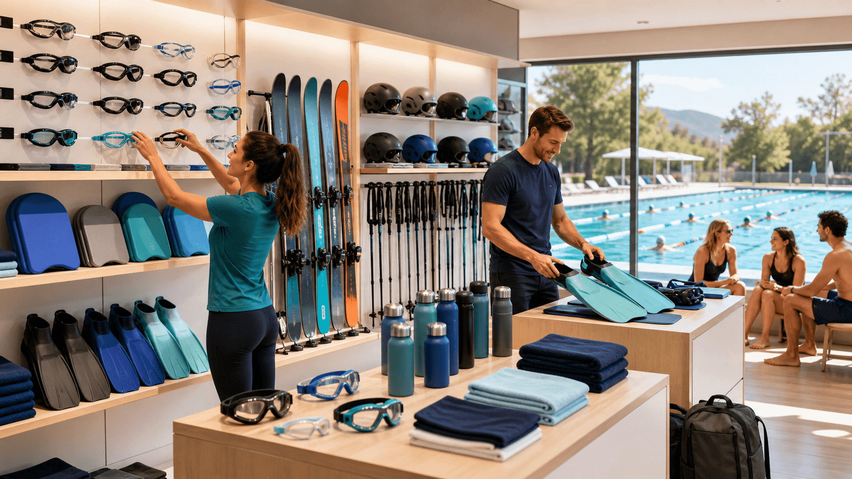 Camping gear, hiking boots, and backpacks arranged on wooden shelves in a sunlit outdoor shop.