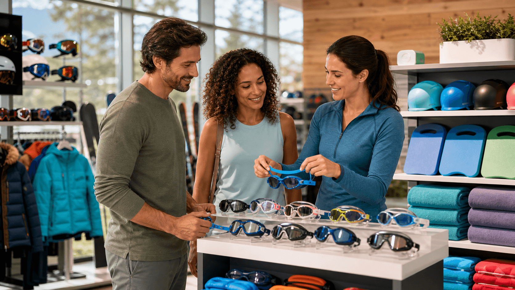 Colorful unisex swim goggles arranged beside a pool with bright blue water and soft sunlight.