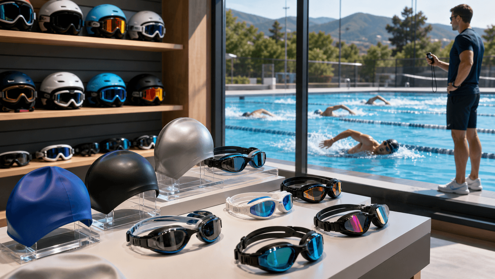 Close-up of blue-tinted swimming goggles with water droplets, resting on a sunlit pool deck with blurred lanes behind